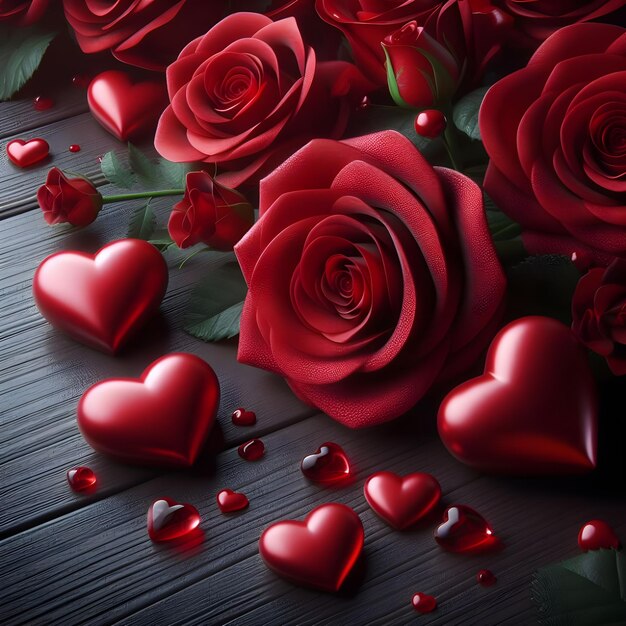 Rosas rojas y corazones en fondo de madera oscura concepto de tarjeta postal del día de San Valentín