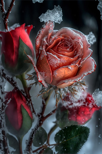Rosas rojas cubiertas de escarcha y nieve Fondo del día de San Valentín Creado con tecnología de IA generativa