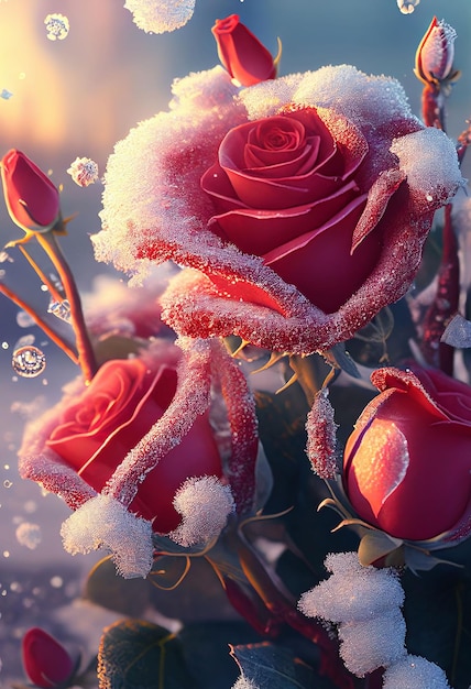 Rosas rojas cubiertas con nieve helada Fondo del día de San Valentín Creado con tecnología de IA generativa