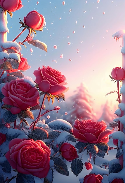 Rosas rojas cubiertas con nieve helada Fondo del día de San Valentín Creado con tecnología de IA generativa