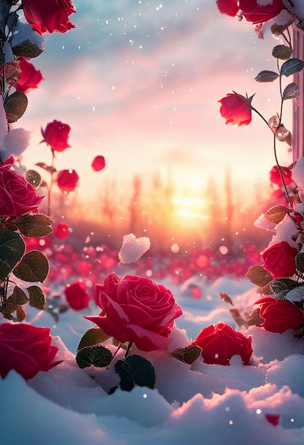 Rosas rojas cubiertas con nieve helada Fondo del día de San Valentín Creado con tecnología de IA generativa