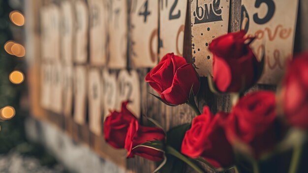 Rosas rojas en el fondo de una pared de madera con inscripciones