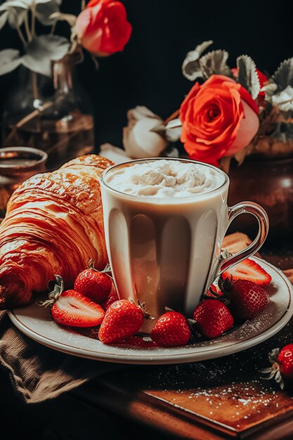 Rosas rojas frescas fresas croissants franceses pasteles crujientes y una taza de café con leche