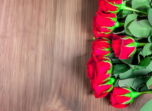 rosas rojas frescas sobre fondo de madera