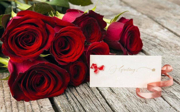 Rosas rojas frescas y tarjeta de felicitación sobre un fondo de madera