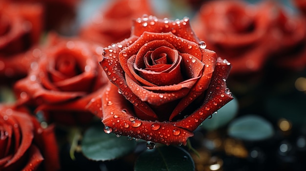 Rosas rojas con gotas de agua bajo la lluvia