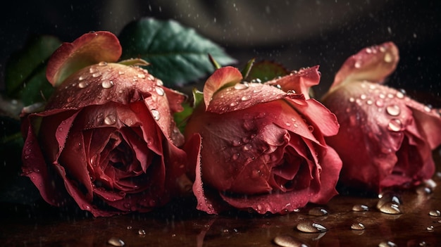 Rosas rojas con gotas de agua sobre una mesa