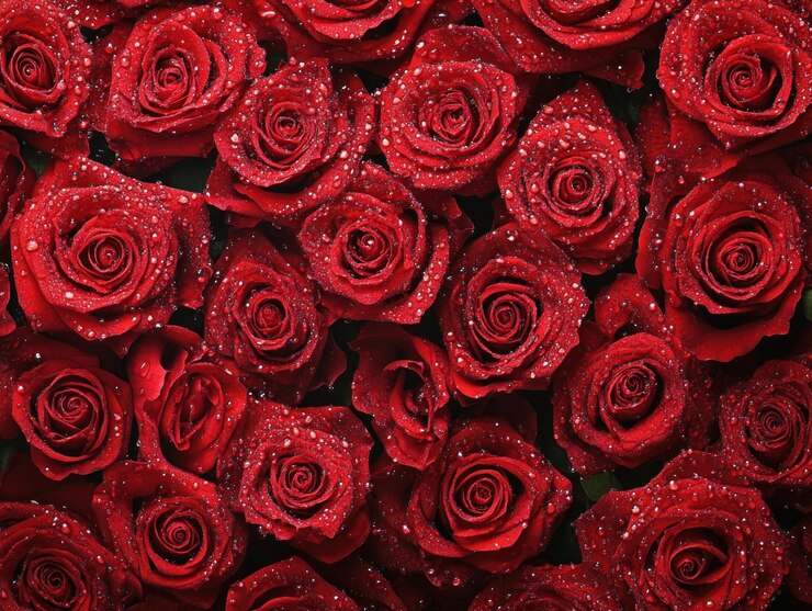 Rosas rojas con gotas de rocío