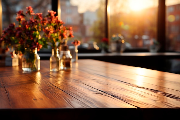 Rosas rojas en jarrón de vidrio sobre una mesa de madera frente a la ventana generativa ai