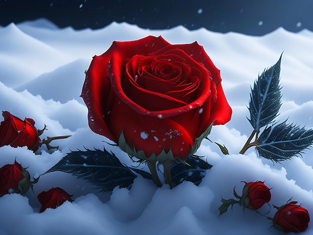 Rosas rojas mágicas congeladas en el fondo romántico de la nieve Generación Ai