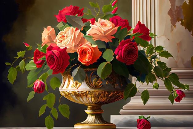 Rosas rojas y melocotón en flor de oro