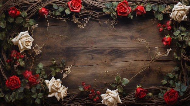 rosas rojas y rosas blancas sobre una tabla de madera