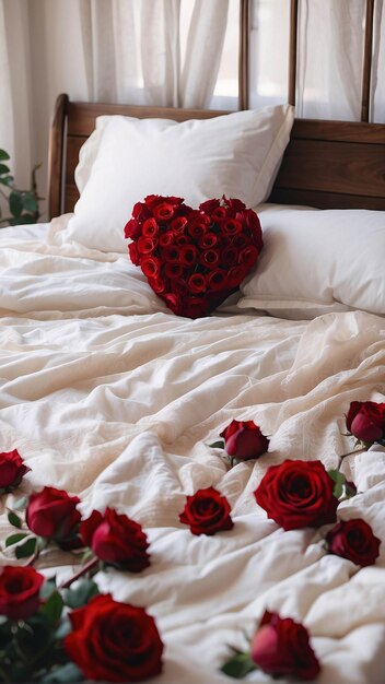 Rosas rojas sobre sábana blanca con pétalos dispersos Fondo de arreglo de cama romántico