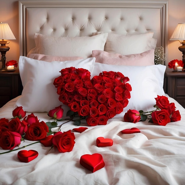 Rosas rojas sobre sábana blanca con pétalos dispersos Fondo de arreglo de cama romántico