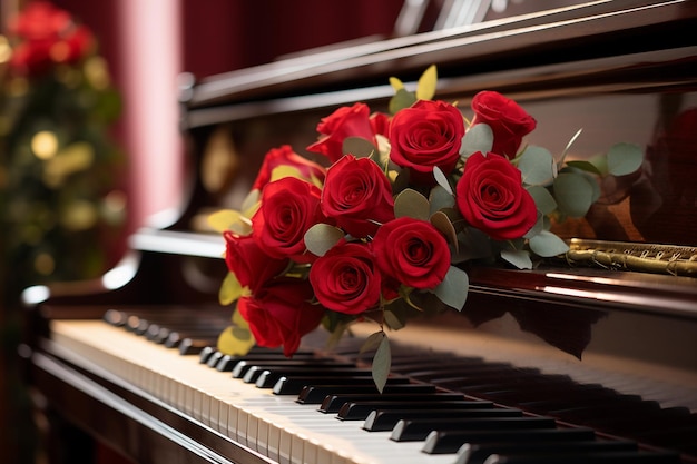 Rosas rojas en las teclas de un piano de cola o piano