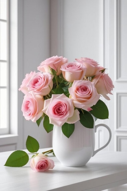 Rosas rosa delicadas em um copo de cerâmica branca em uma mesa