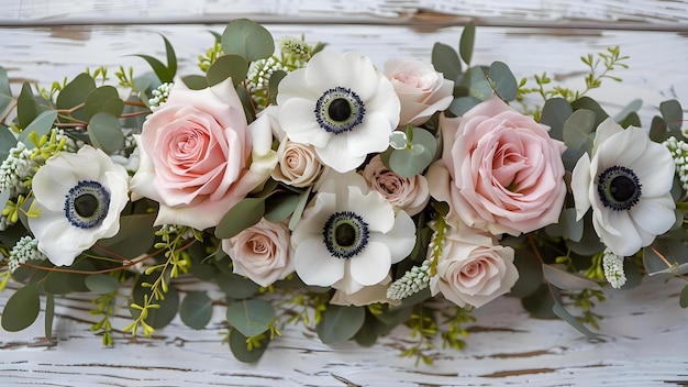 Rosas rosadas Anémonas blancas y hojas de eucalipto Una guía para arreglos florales de bodas Concepto de flores de bodas Arreglos florales Rosas rosas Anémones blancas Hojas de eucaliptus