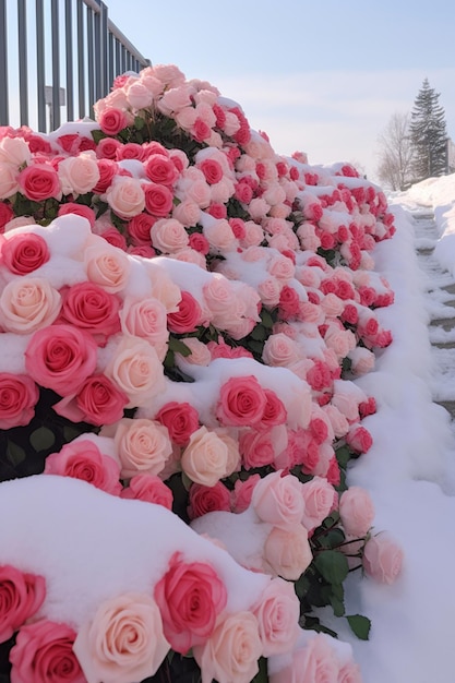 rosas rosadas y blancas están cubiertas de nieve en una valla ai generativa