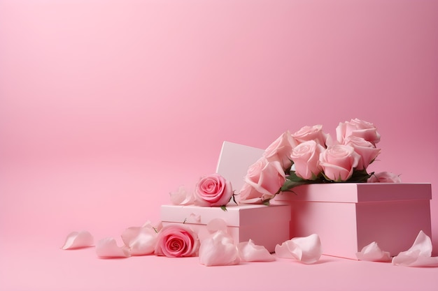 Rosas rosadas en una caja con un fondo rosa