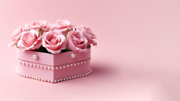 Rosas rosadas en una caja de regalo sobre un fondo rosa con espacio para copiar