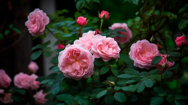 Rosas rosadas en flor en un arbusto de jardín un capullo de rosa en un palo y rosas rosadas en un jardín con follaje verde IA generativa