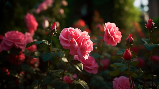 Rosas rosadas en flor en un arbusto de jardín un capullo de rosa en un palo y rosas rosadas en un jardín con follaje verde IA generativa