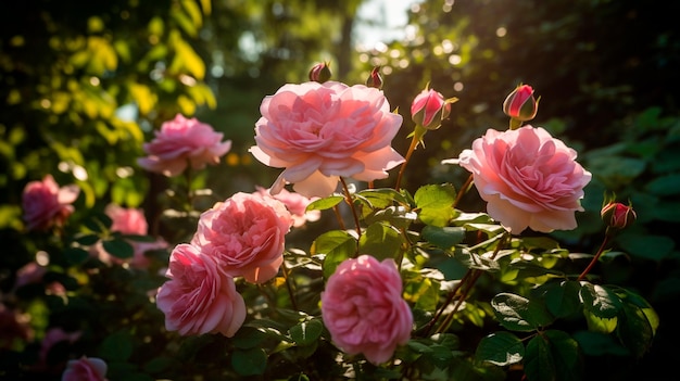 Rosas rosadas en flor en un arbusto de jardín un capullo de rosa en un palo y rosas rosadas en un jardín con follaje verde IA generativa