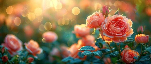 Las rosas rosadas en flor sobre un fondo verde borroso con un bokeh brillante son el punto focal de esta misteriosa bandera floral