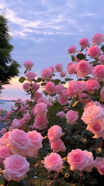rosas rosadas florecen en un jardín cerca del agua generativa ai