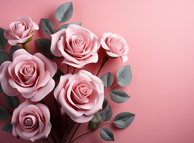 Rosas rosadas con hojas aisladas sobre un fondo rosado