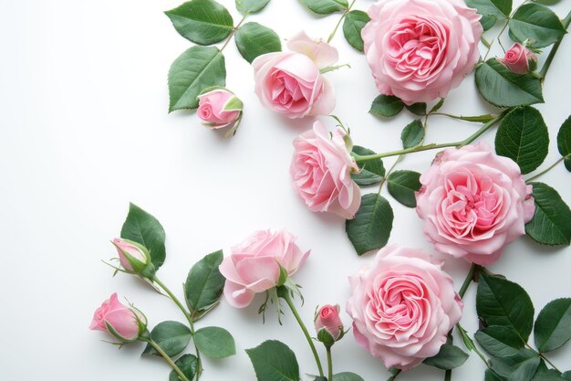 rosas rosadas con hojas sobre fondo blanco