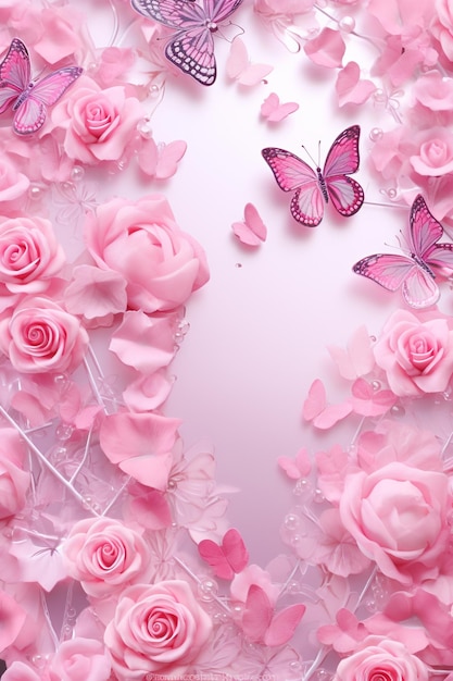 Foto rosas rosadas y mariposas en un marco con una mariposa en la parte inferior