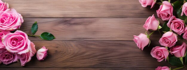 Foto rosas rosadas en la mesa de madera vieja ia generativa