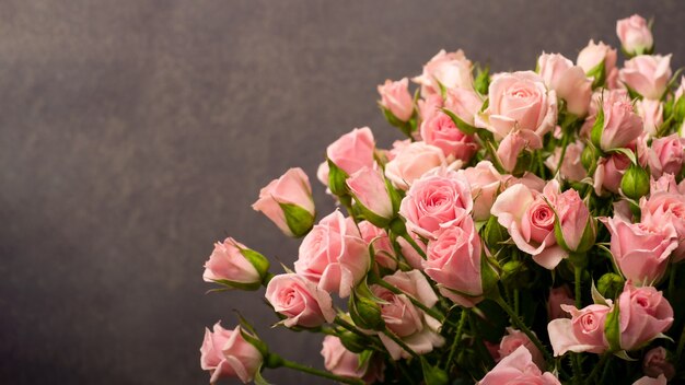 Rosas rosadas en una pared lila.