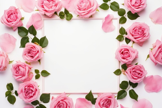 rosas rosadas sobre un fondo blanco con un marco para tu texto