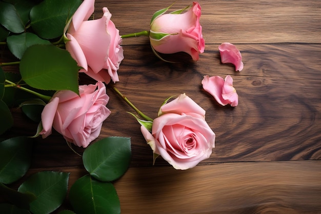 Rosas rosadas sobre un fondo de madera.