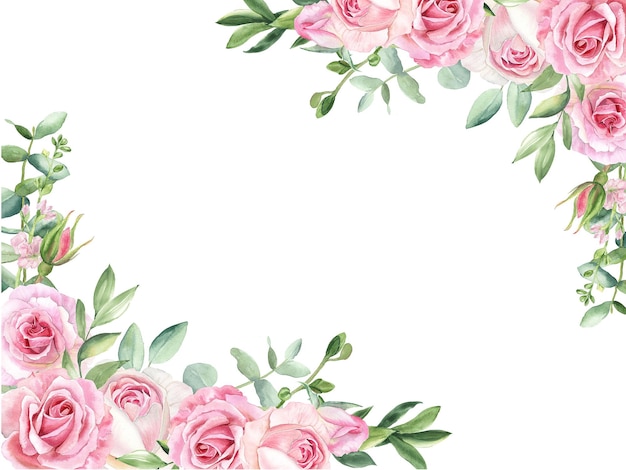 Las rosas rosas de acuarela y el eucalipto verde son perfectos para invitaciones de boda y tarjetas de felicitación.
