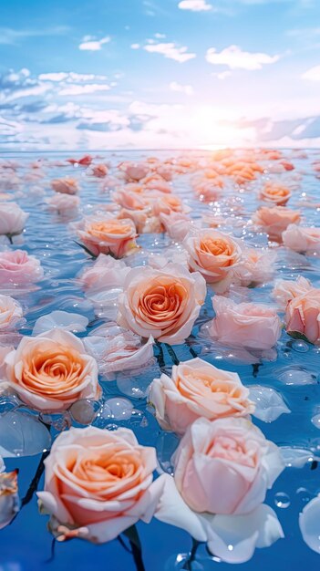 rosas rosas en el agua con el sol detrás de ellas