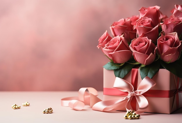 Rosas rosas y caja de regalos en un fondo rosado Un símbolo de amor y celebración