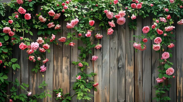 Foto rosas rosas crescendo em uma cerca de madeira as rosas estão em plena floração e a cerca está quase completamente coberta de flores