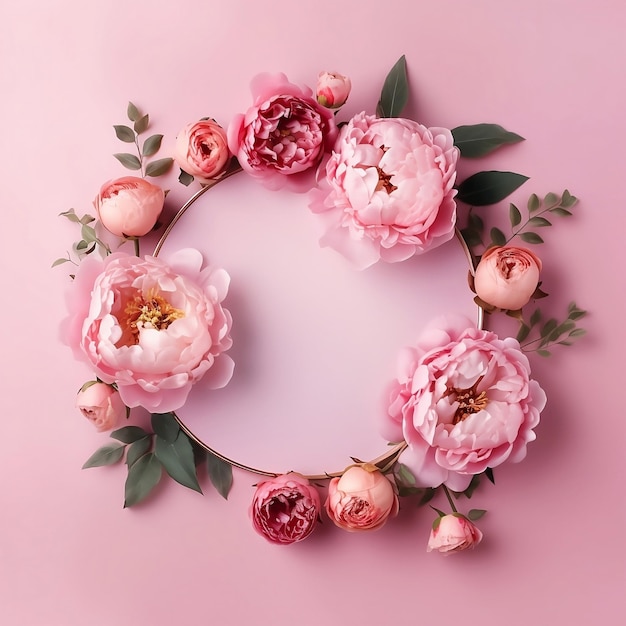 Foto rosas rosas en un diseño de círculo con espacio de copia diseño de marco floral natural con fondo rosa