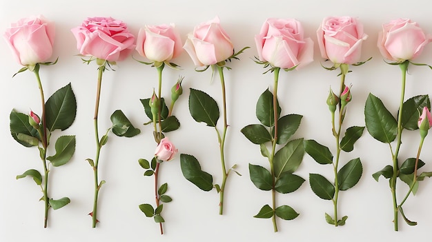 Rosas rosas e flores em fila
