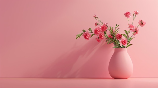 Rosas rosas em um vaso sobre um fundo rosa O vaso está sentado em uma mesa rosa O fundo é uma cor rosa sólida