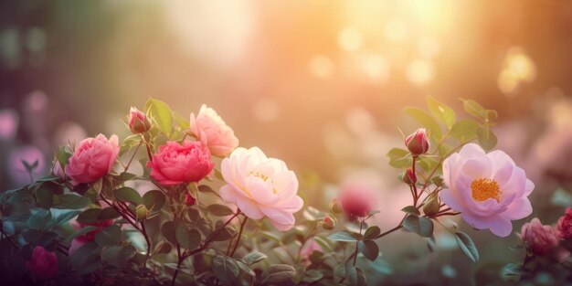 Rosas rosas en el espacio de copia del jardín Rosas flores de fondo Fondo floral para tarjetas de felicitación