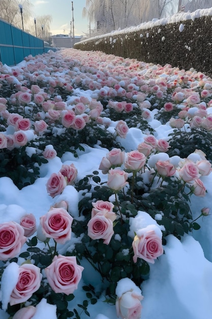 rosas rosas estão cobertas de neve em um jardim generativo ai