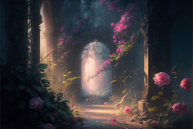 Rosas rosas de fantasía Las flores florecen y el camino conduce a un jardín místico Ilustración digital AI