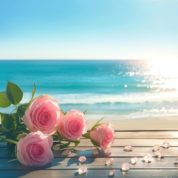 Rosas rosas gracia mesa de madera contra el telón de fondo de la playa romántica para las redes sociales