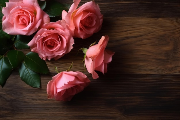 Rosas rosas en una mesa de madera