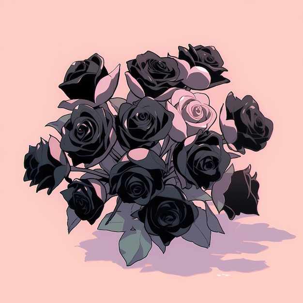 Rosas rosas y negras en un ramo en un fondo rosa pastel limpio diseño romántico de celebración muy detallado