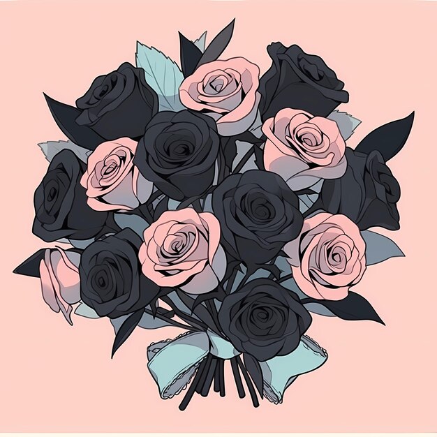 Rosas rosas y negras en un ramo en un fondo rosa pastel limpio diseño romántico de celebración muy detallado